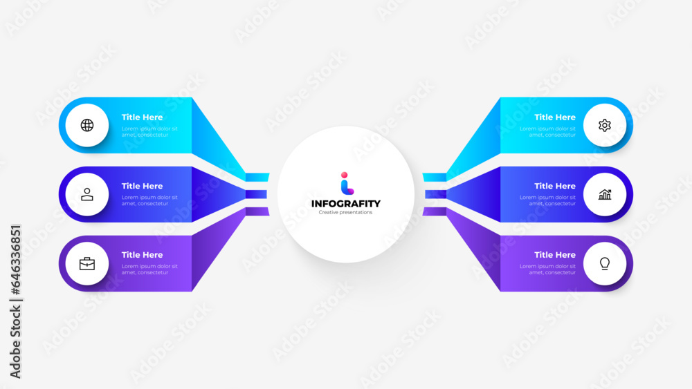 Poster Vector flowchart infographic with central circle and 6 options. Structure vizualization