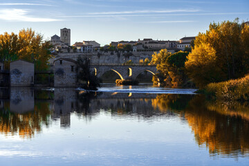 View of the city of Zamora and watermills and the romanesque cathedral in autmn at sunset reflected in the Duero river. Spain