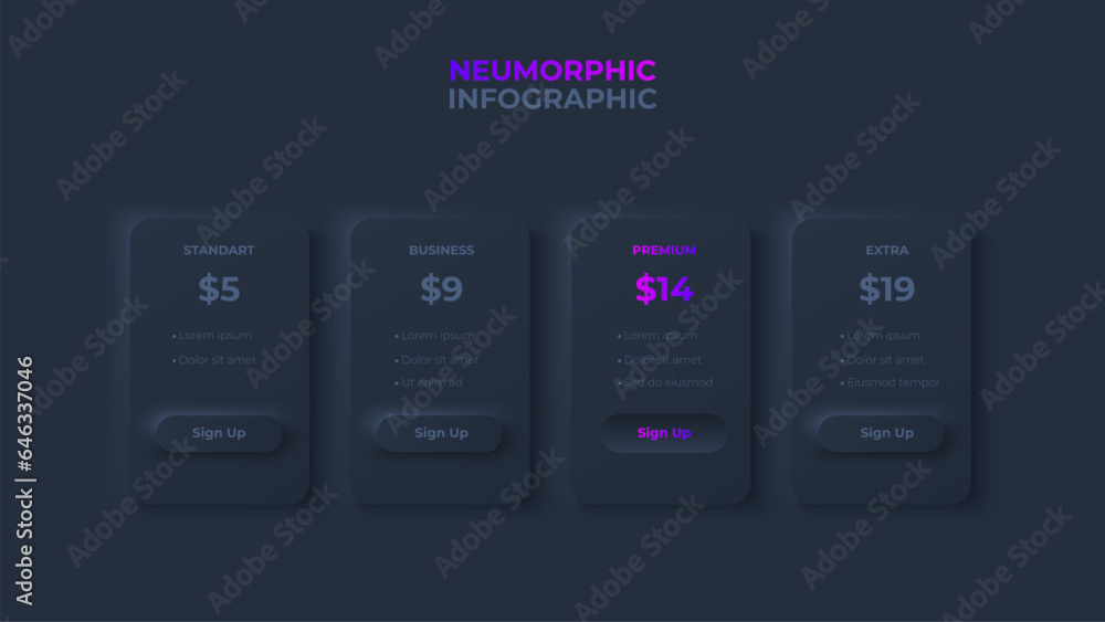 Poster Dark neumorphism price table concept. Pricing or subscription plan ui web elements