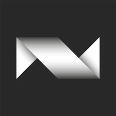 Letter N 3d logo creative initial from white folded sheet of paper with sharp corners, grey gradient typography mark design mockup, creative angular geometric compound shape.