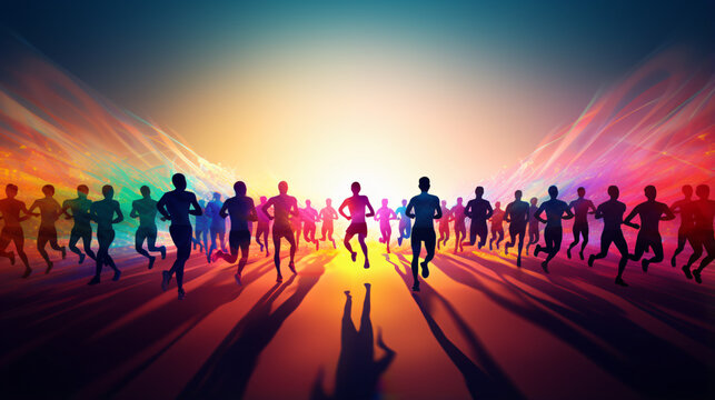 Large group of people in silhouette running in marathon