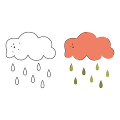 A small set with cloud and rain. Black and white and color clipart vector illustration.