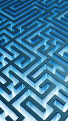 Labyrinth glow blue maze structure confusing way to the exit. Breaking the deadlock. 3d render