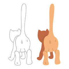 A small set with with a cat with its back to us. Black and white and color clipart vector illustration.