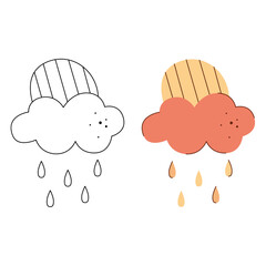 A small set with cloud, rain and sun. Black and white and color clipart vector illustration.