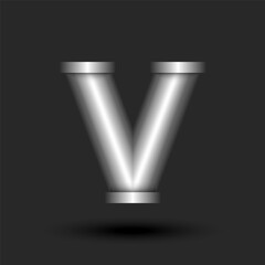 Letter V logo 3d line pipe shape construction with metal flanges, metallic gradient color creative typography idea identity, industrial style mark logotype design.