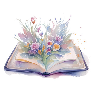 Watercolor vintage composition with open book and flowers