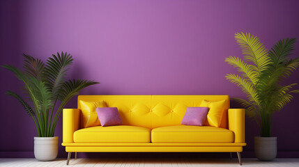 a yellow colored vintage couch in a purple walls living room and plants,mock up,copy space