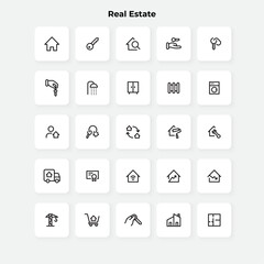 Real estate line icons set. House, key, shower, bath, furniture and other elements
