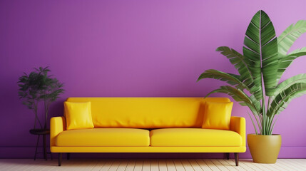 Fototapeta na wymiar a yellow colored couch in a purple living room and plants,mock up,copy space