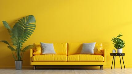 a yellow colored couch in a yellow living room and plants,mock up,copy space