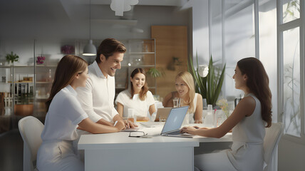 Fototapeta premium A man and four women in a conference in a pleasant environment