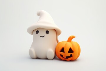 Cute little spooky ghost with the pumpking for halloween greeting card, flyer, kids party