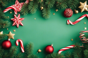 Christmas fir tree branches seasonal ornament candy canes stars creative flat lay