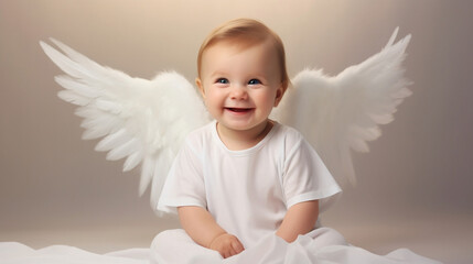 Adorable baby with angel wings sits on a beige surface, bringing joy and innocence to the frame.,copy space
