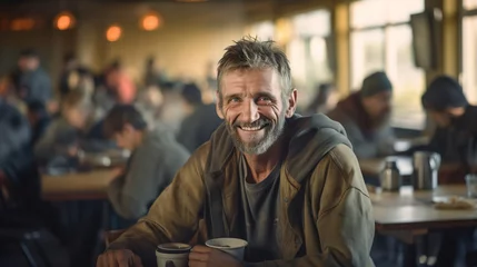 Foto op Plexiglas Happy homeless age of 40 sits at a table in a social centre with meal © JuLady_studio
