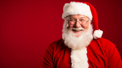 Fototapeta premium Happy Santa Claus studio portrait look to the camera on red background,copy space
