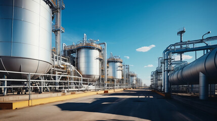Obraz premium Hydrogen power plant large steel tanks and pipes wide