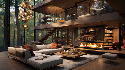 Modern living room with a fireplace in the forest
