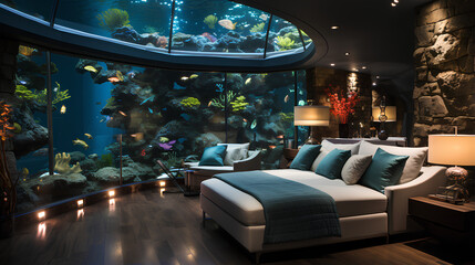 Interior design of a luxury hotel room with  and aquarium