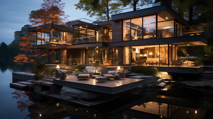 Obraz premium Cozy chalet in the lake. Beautiful forest mountains on background.