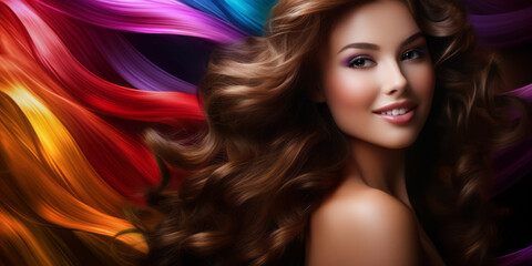 Fototapeta premium Brunette girl with long and shiny wavy hair on rainbow background. hairstyle, hair care concept