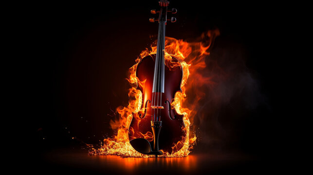 verticals tanding violin on fire at the black background