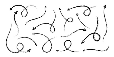 A set of arrows drawn in crayon or charcoal. Various hand drawn elements with a pastel pencil texture. Fun doodles, grunge swirling lines, scribble or swooshes markers, vector illustration
