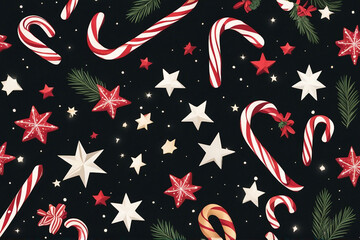 Christmas fir tree branches seasonal ornament candy canes stars creative flat lay