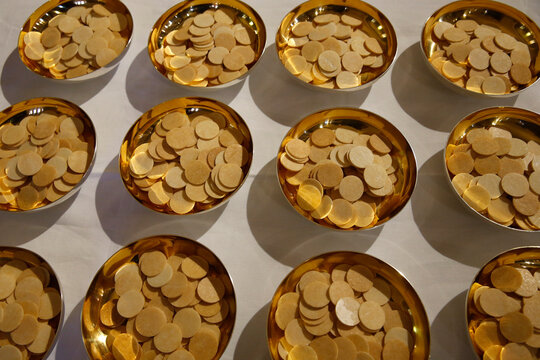 Host wafers in Sainte Genevieve catholic cathedral, Nanterre, France..