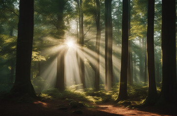 A dense enchanted forest with towering trees and rays of sunlight piercing through the canopy