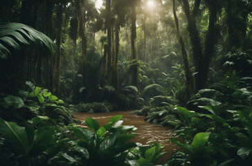 A lush rainforest scene in the Amazon basin teeming with exotic plants and wildlife