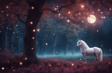 Obraz na płótnie Canvas A magical forest where a unicorn grazes peacefully under a moonlit sky