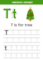Tracing alphabet letters for kids. Christmas alphabet. T is for tree.