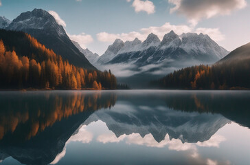 A serene mist-covered lake nestled between towering mountains