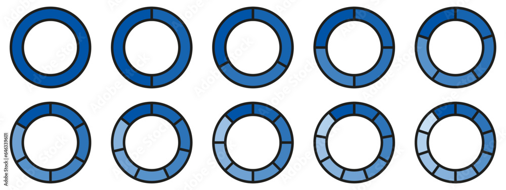 Poster circles divided diagram 3, 10, 7, graph icon pie shape section chart. segment circle round vector 6,