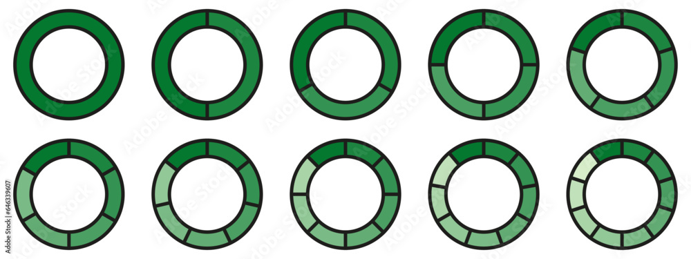Poster circles divided diagram 3, 10, 7, graph icon pie shape section chart. segment circle round vector 6,