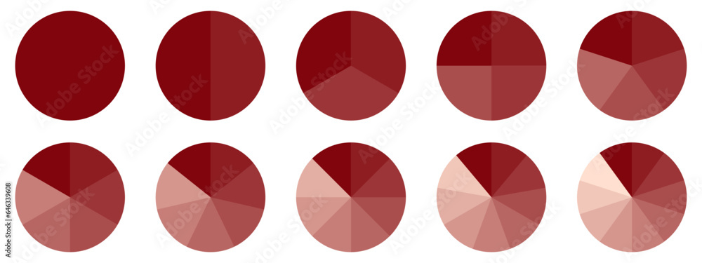 Poster circles divided diagram 3, 10, 7, graph icon pie shape section chart. segment circle round vector 6,