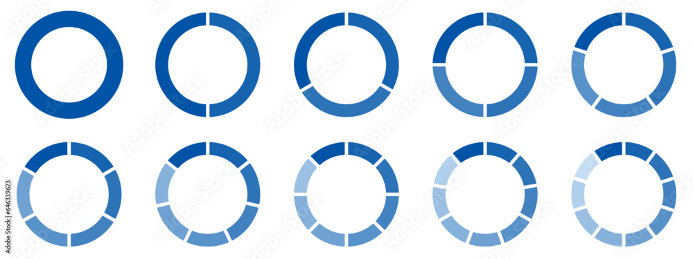 Poster circles divided diagram 3, 10, 7, graph icon pie shape section chart. segment circle round vector 6,