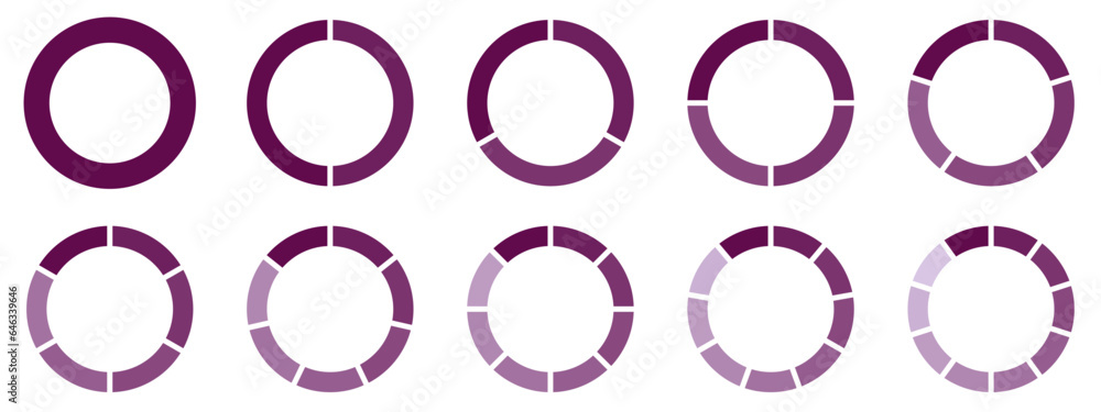 Poster circles divided diagram 3, 10, 7, graph icon pie shape section chart. segment circle round vector 6,