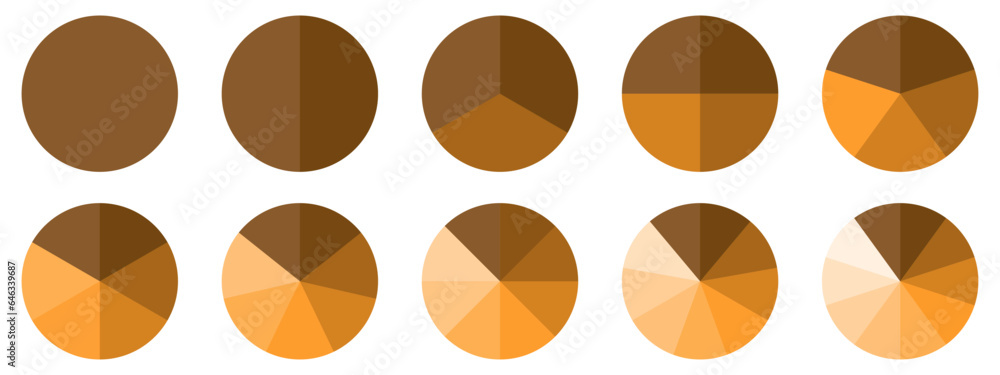 Poster circles divided diagram 3, 10, 7, graph icon pie shape section chart. segment circle round vector 6,