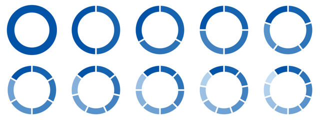Circles divided diagram 3, 10, 7, graph icon pie shape section chart. Segment circle round vector 6, 9 devide infographic. - obrazy, fototapety, plakaty