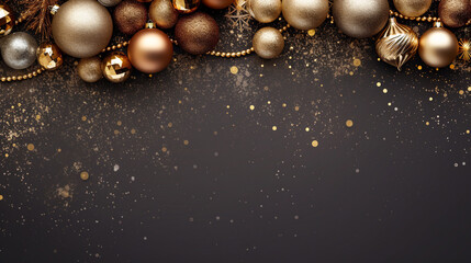 Christmas decorations, golden ornaments, pearls and glitter on a dark background. Festive wide backdrop for invitation, social media banner. New Year concept.