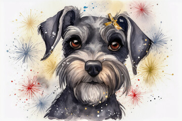 Cute black miniature schnauzer and colorful fireworks on white background. Christmas and new year concept. Digital cartoon illustration of a dog. - obrazy, fototapety, plakaty