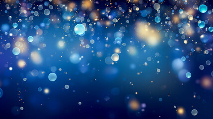 Empty blue festive wide background with colorful  bokeh and glitter. Use for invitation, social media banner, card. Christmas and New Year concept. - obrazy, fototapety, plakaty