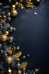 Christmas decorations, silver and golden ornaments on a dark blue background with glitter. Festive tall backdrop for invitation, social media banner. Celebration concept.