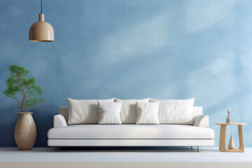 Living room with white couch and pillows, lamp, a small table and green plant in a pot. Empty plastered blue wall. Front view background. Interior and studio concept. AI generative illustration.