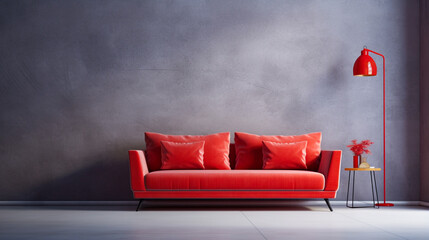 Living room with red velvet couch and pillows, lamp and a small table. Empty grungy concrete wall. Front view background. Interior and studio concept. AI generative illustration.