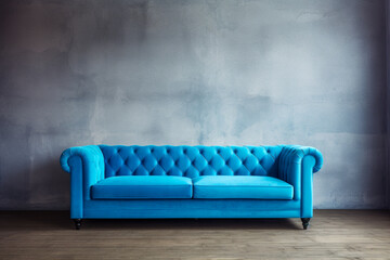 Living room with blue couch. Empty grungy concrete wall. Front view background. Interior and studio concept. AI generative illustration.