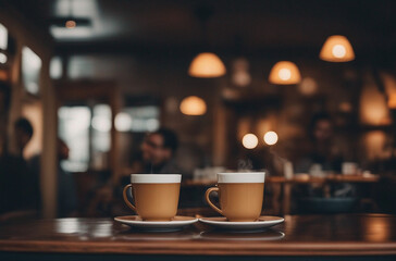 A cozy coffee shop on a rainy day with steaming mugs and p - obrazy, fototapety, plakaty